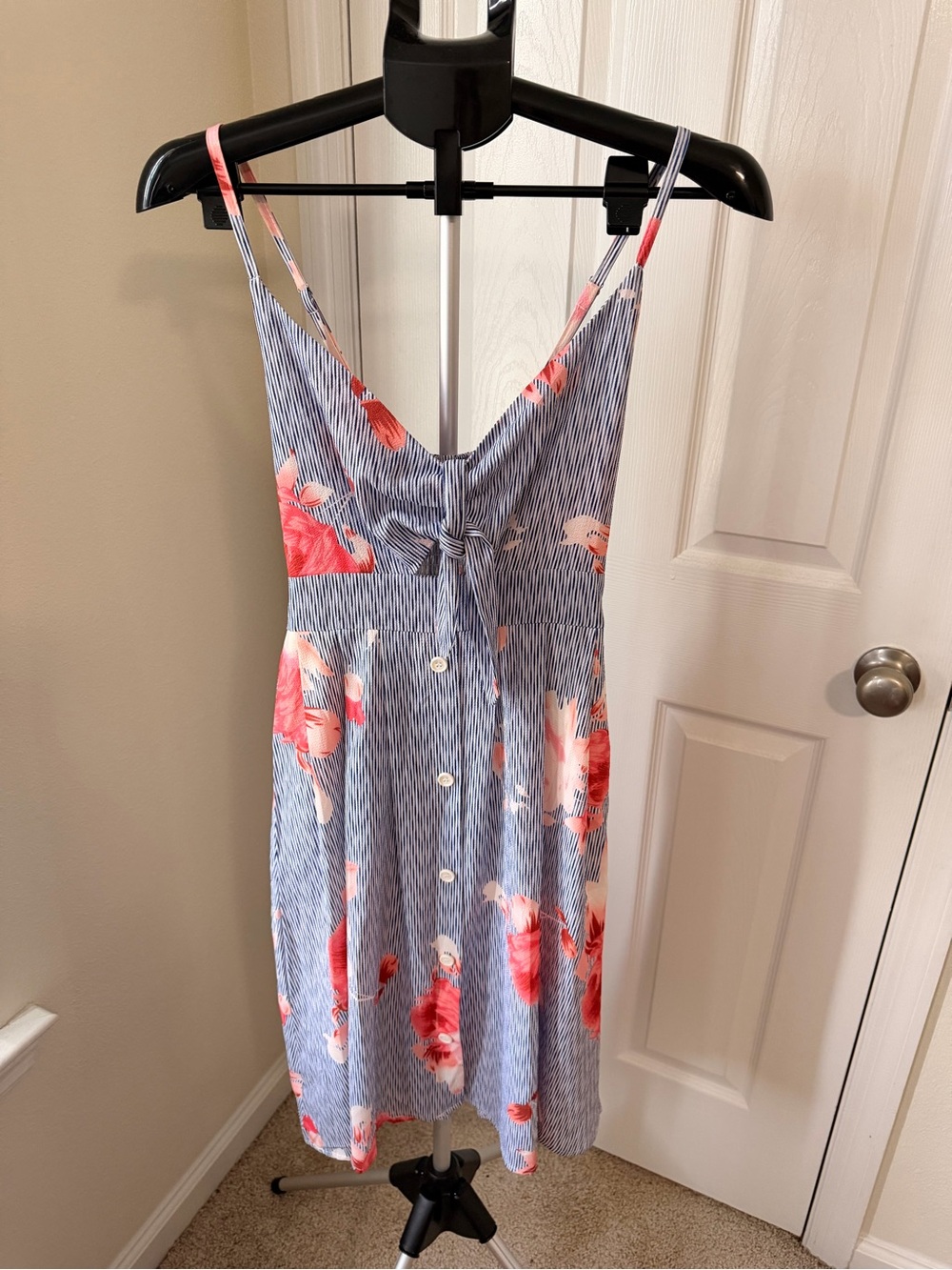 Blue Striped Floral Button-Front Sundress